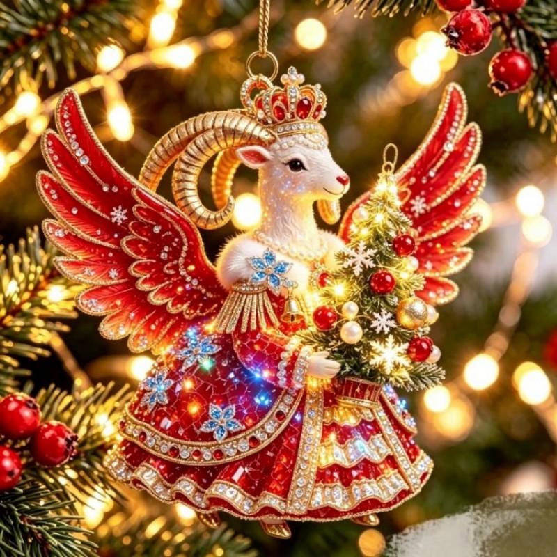 2D Flat Acrylic Hanging Ornament Red Gold Winged Goat Acrylic Pendant Christmas Tree Decoration Lunar New Year Holiday Gift
