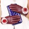 New Autumn and Winter Warm Gloves Plus Velvet Cold Proof Women's PU Leather Gloves Rabbit Hair Ball Play Mobile Phone Touch Screen Gloves