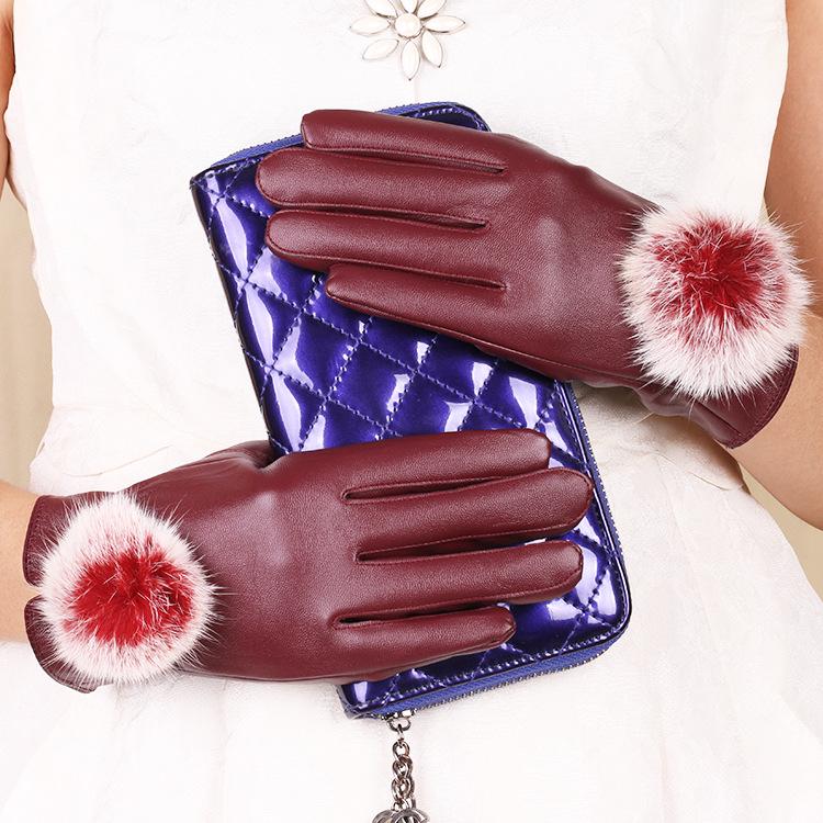 New Autumn and Winter Warm Gloves Plus Velvet Cold Proof Women's PU Leather Gloves Rabbit Hair Ball Play Mobile Phone Touch Screen Gloves