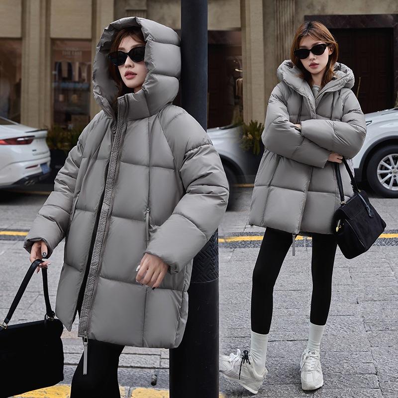 Fashionable Down Cotton Mid-length Cotton Coat for Women with Hooded Skirt and Thickened Cotton Coat