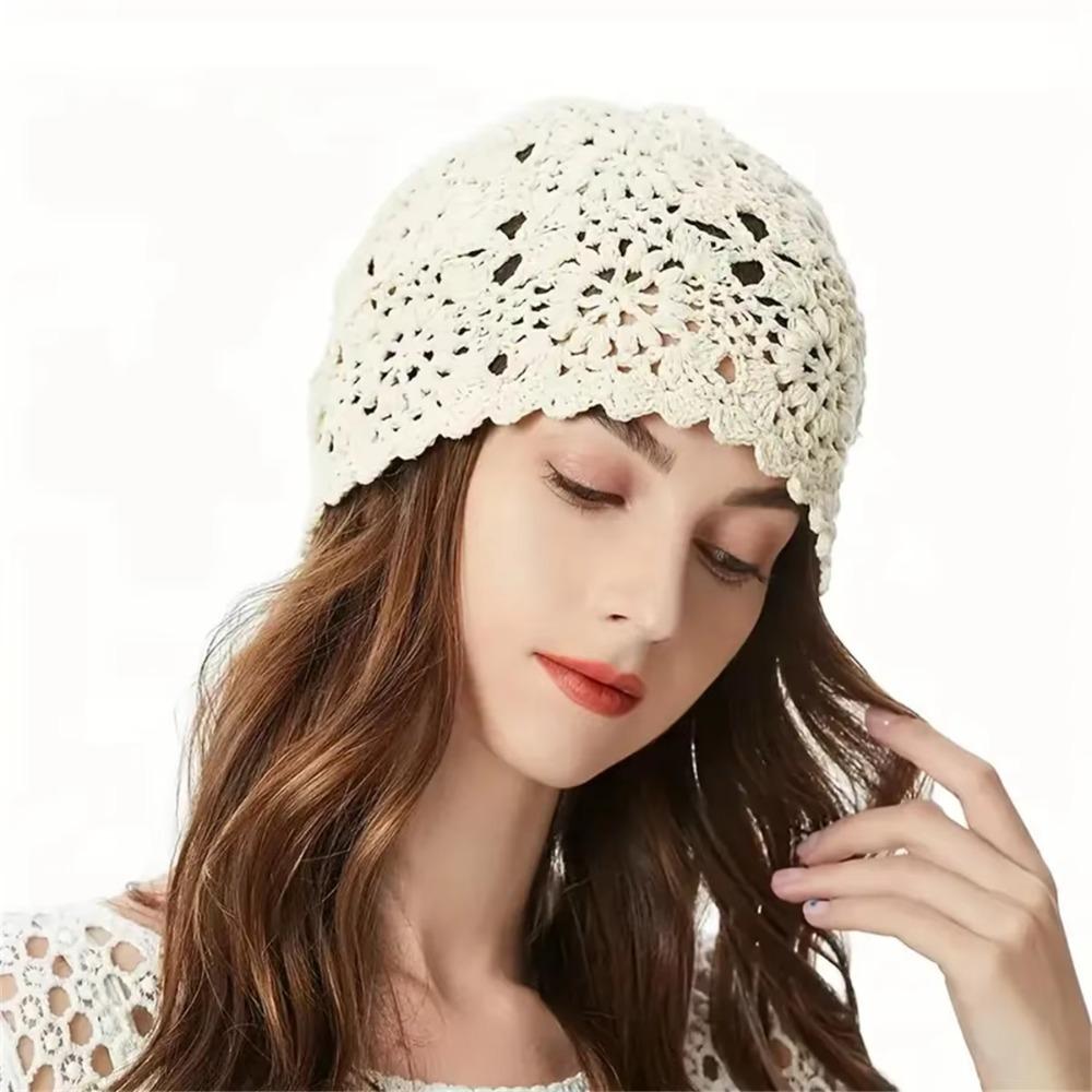 Fashion Vintage Artistic Beret Cap Hollowed-out Hand-Made Skullies Hat Breathable Sweet Knitted Hat Women