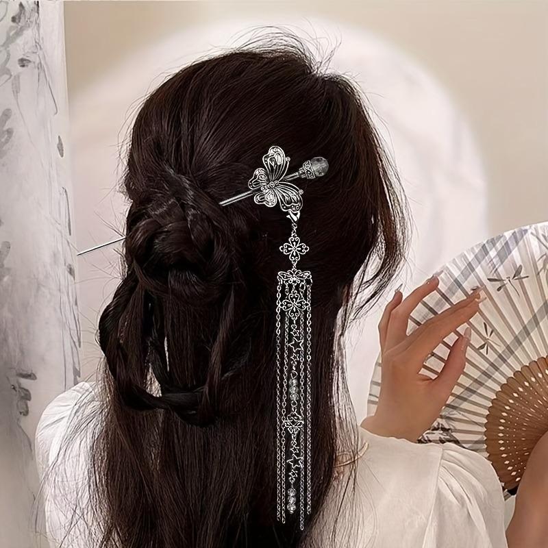 1pc Chinese Style Retro Silver Butterfly Tassel Women Hairpin Daily Dressing Performance Shooting Niche Fashion Elegant Headwear