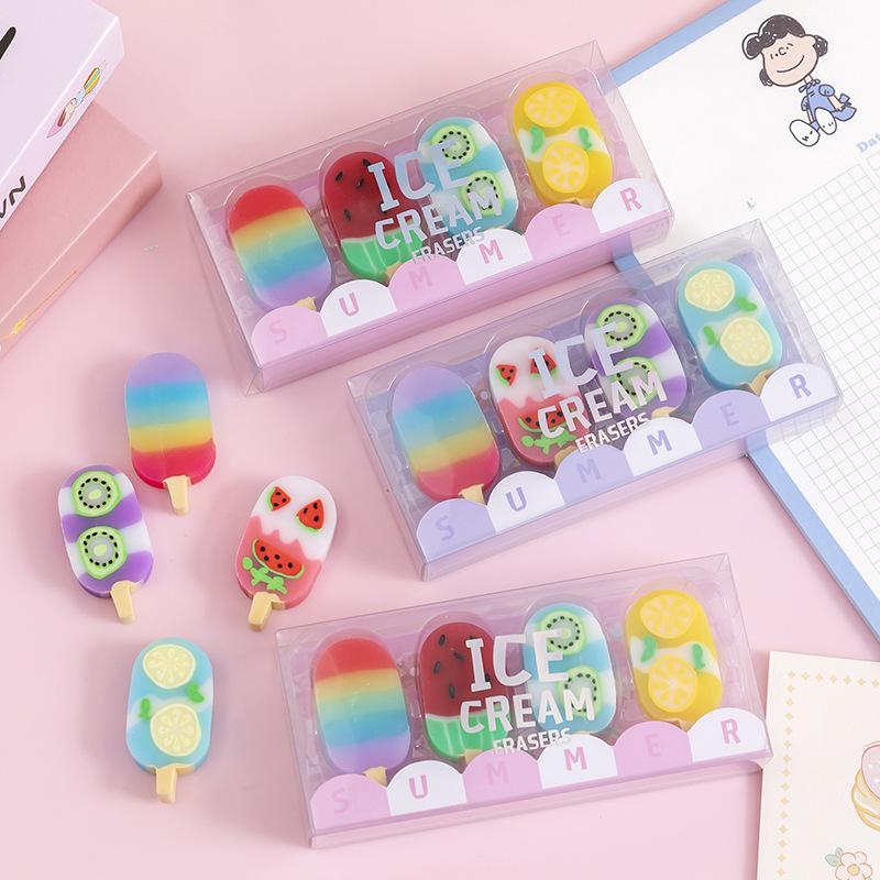 Kawaii Schreibwaren Süßer Sommer Büro Schulbedarf Eiscreme Buntes Radiergummi Set Schüler Kindertag Weihnachtsgeschenk Lieblich