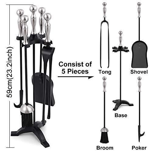 Outils de cheminée - Amagabeli - 5 pièces - Poignées en argent - Fer forgé - Noir
