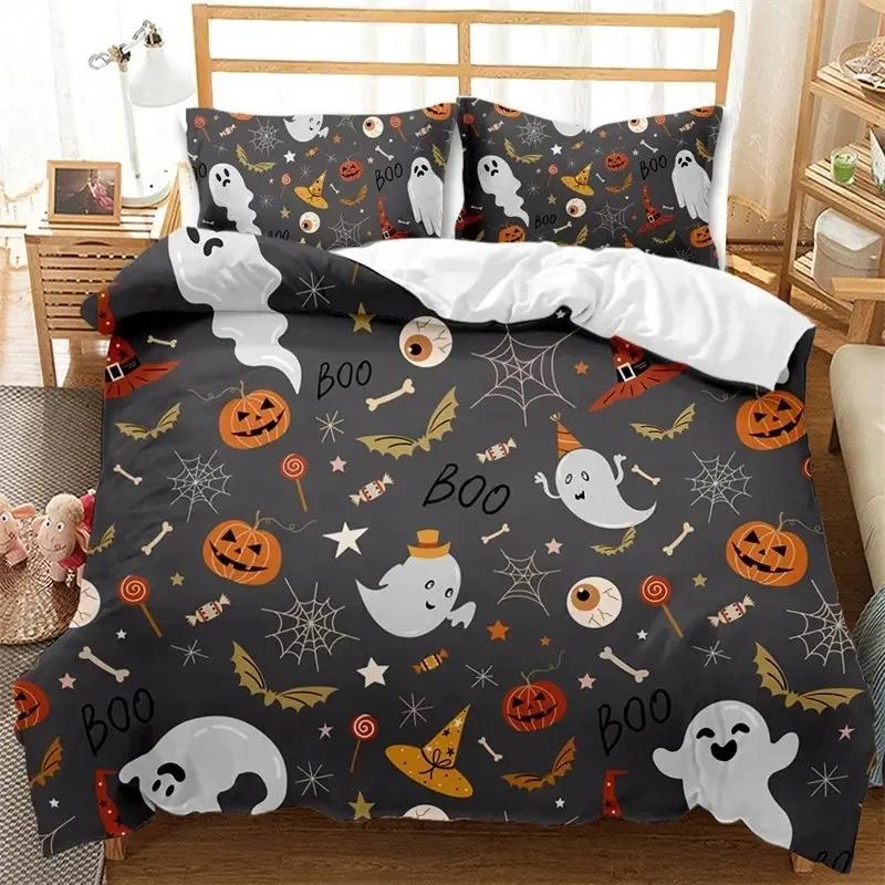 Cartoon Pumpkin Duvet Cover Gothic Halloween Skull Bedding Set Polyester Lantern Ghost Comforter Cover King For Boys Girls Decor