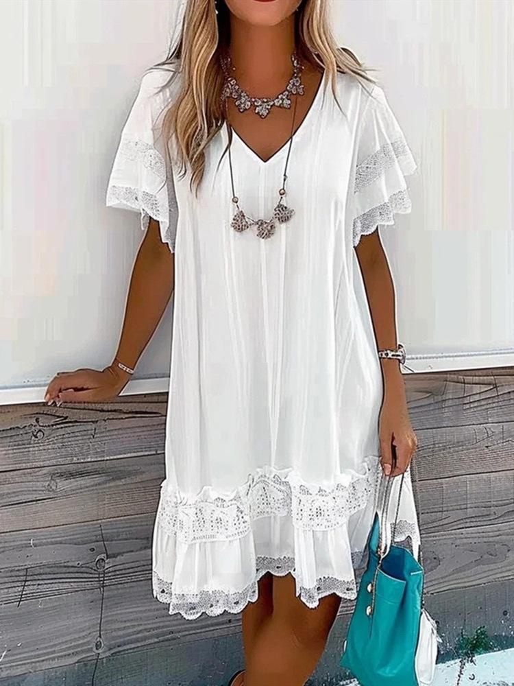 Solid Color Lace V-Neck Tassel Dress - Hot Selling Casual Wear