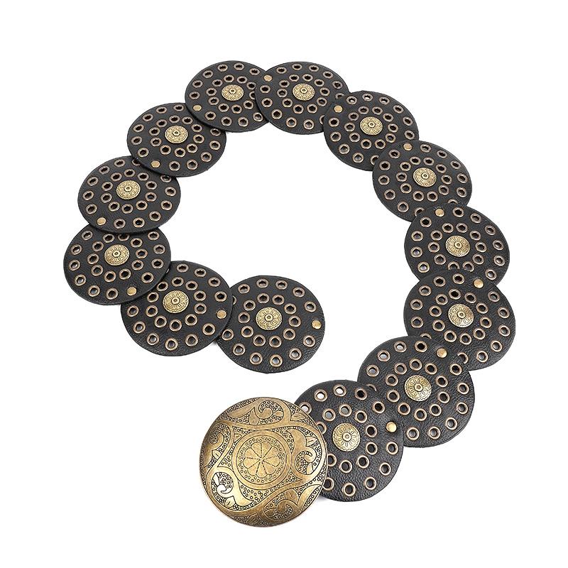 Curea Boho Disc Lată Femei Vintage Piele Pu Hollow Western Cowboy Cataramă metalică Curele cu lanț Curele rotunde exagerate