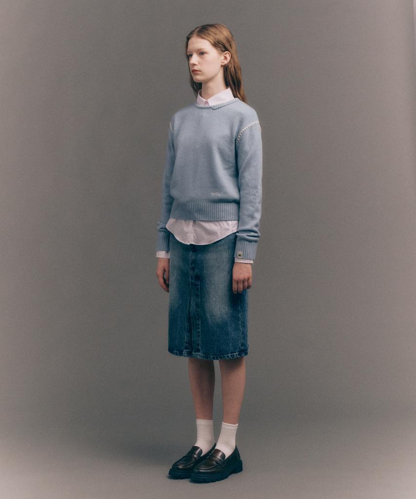 Seteo (W) Contrast Stitch Semi-Crop Knit Ice Blue