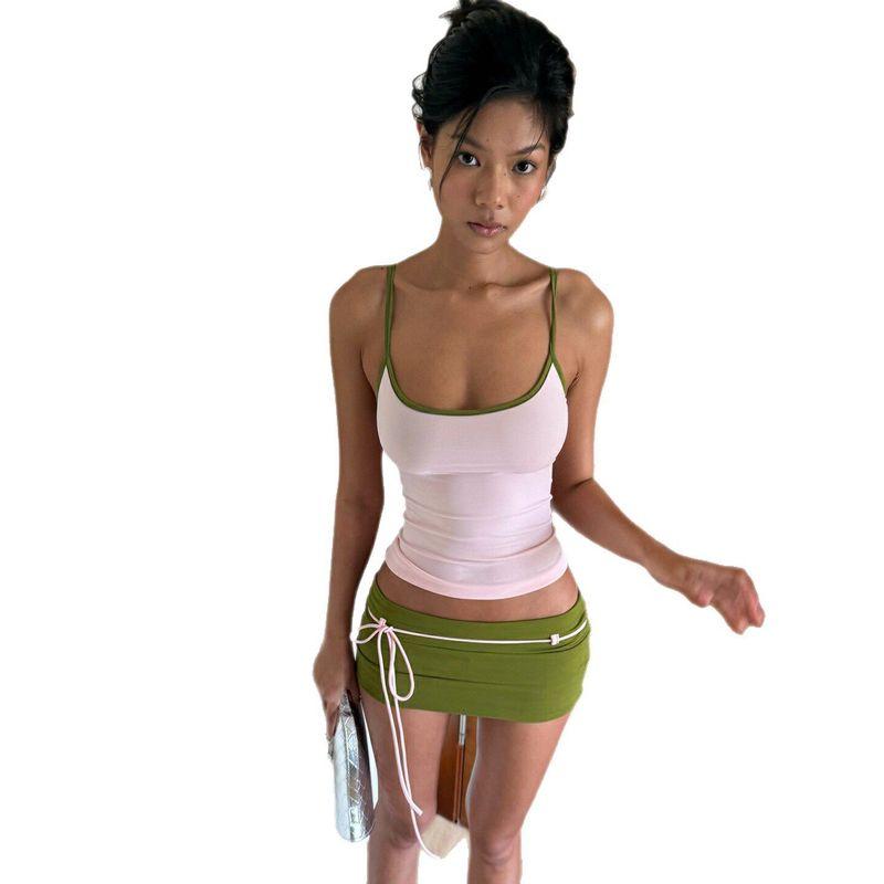 Resort-Style Beach Fashion, Contrasting Colors, Sexy Hottie Suspender Skirt Suit, Women's Lace-Up Sweet and Spicy Two-Piece Set