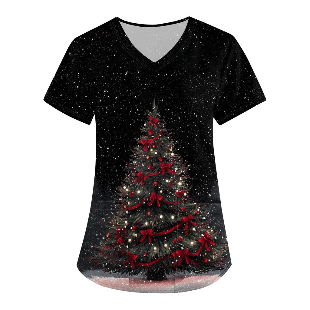 Women's Christmas Print Loose V-Neck Pocket Short-Sleeved Uniform