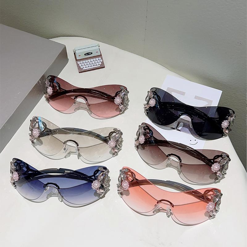 Rimless Y2k Sunglasses with Rhinestones Women Fashion Monoblock Outdoor Decor Shades Trendy Design Gradient Sun Glasses