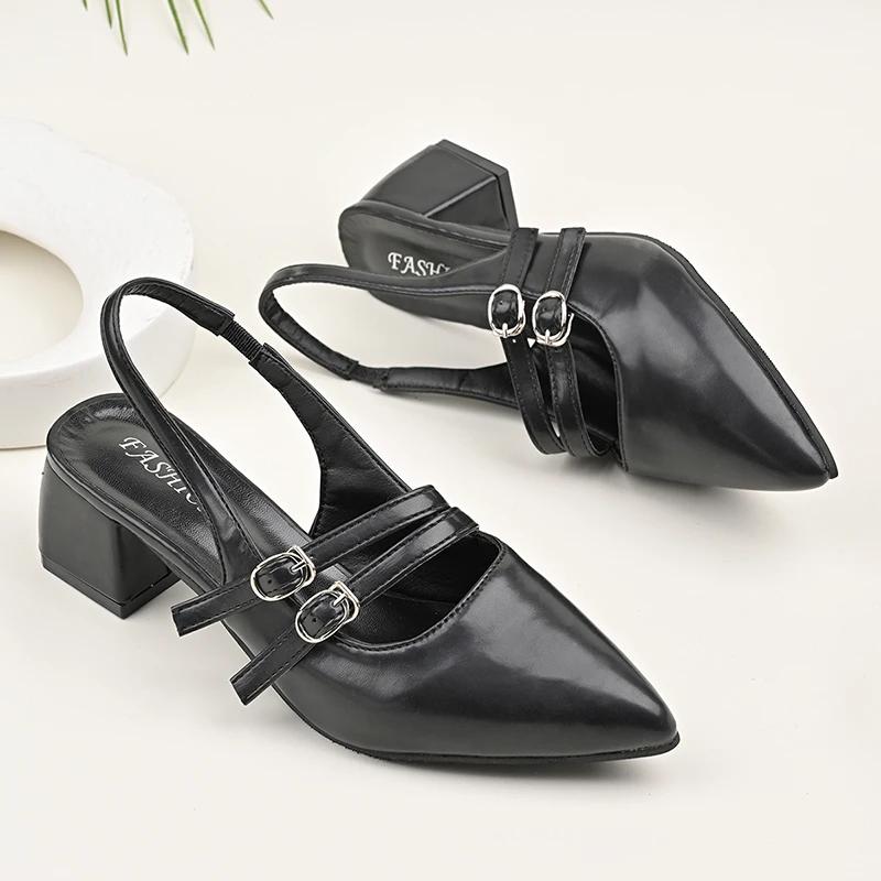 Pointed Toe Chunky Heel Sandals for Women Summer 2025 Double Buckle Strap Thick Heeled Pumps Mujer Dress Shoes Zapatos De Mujer