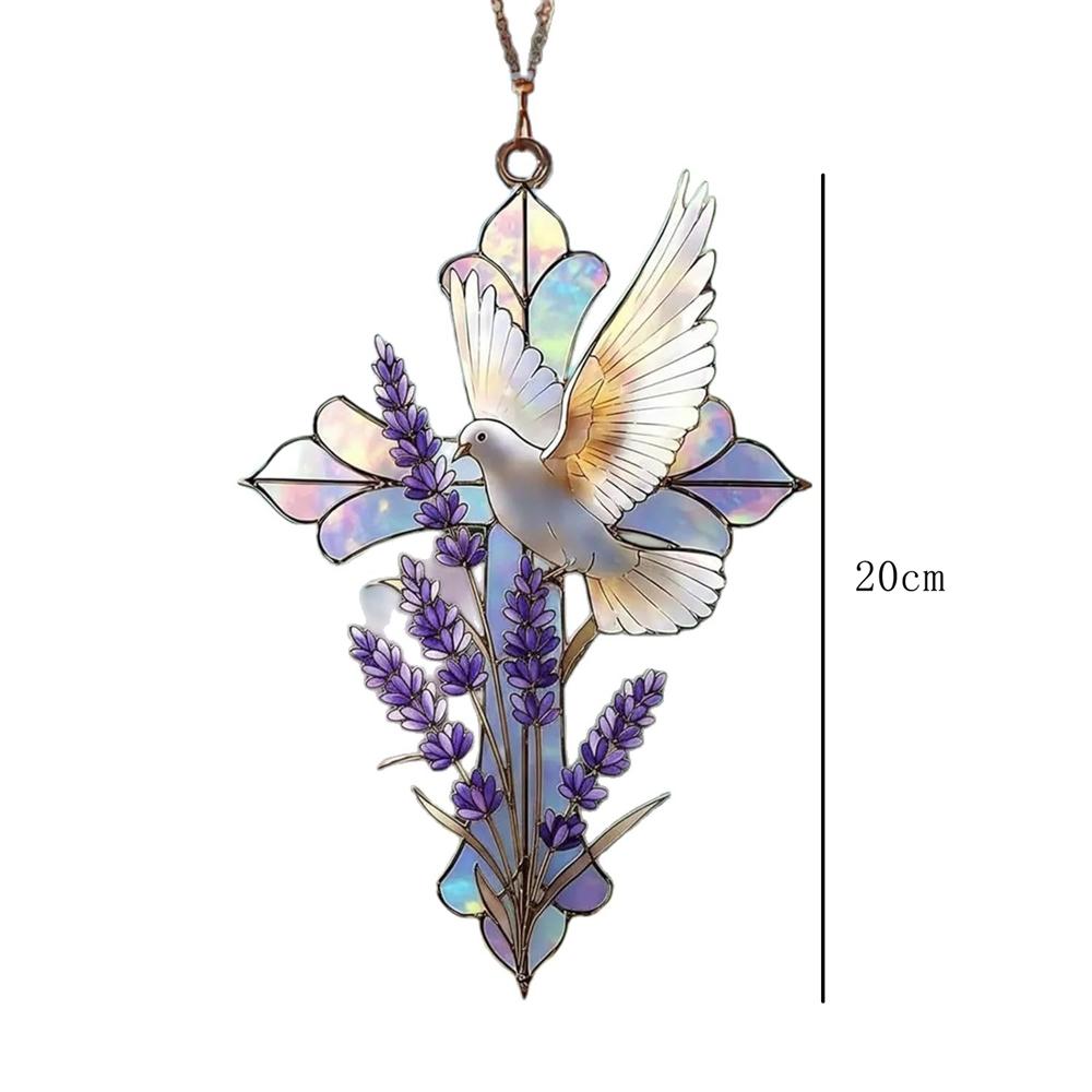 Acrylic Cross Suncatcher White Dove Lavender Design Hanging Window Ornament Religious Peace Symbol Wall Decor Christian Gift 20cm high