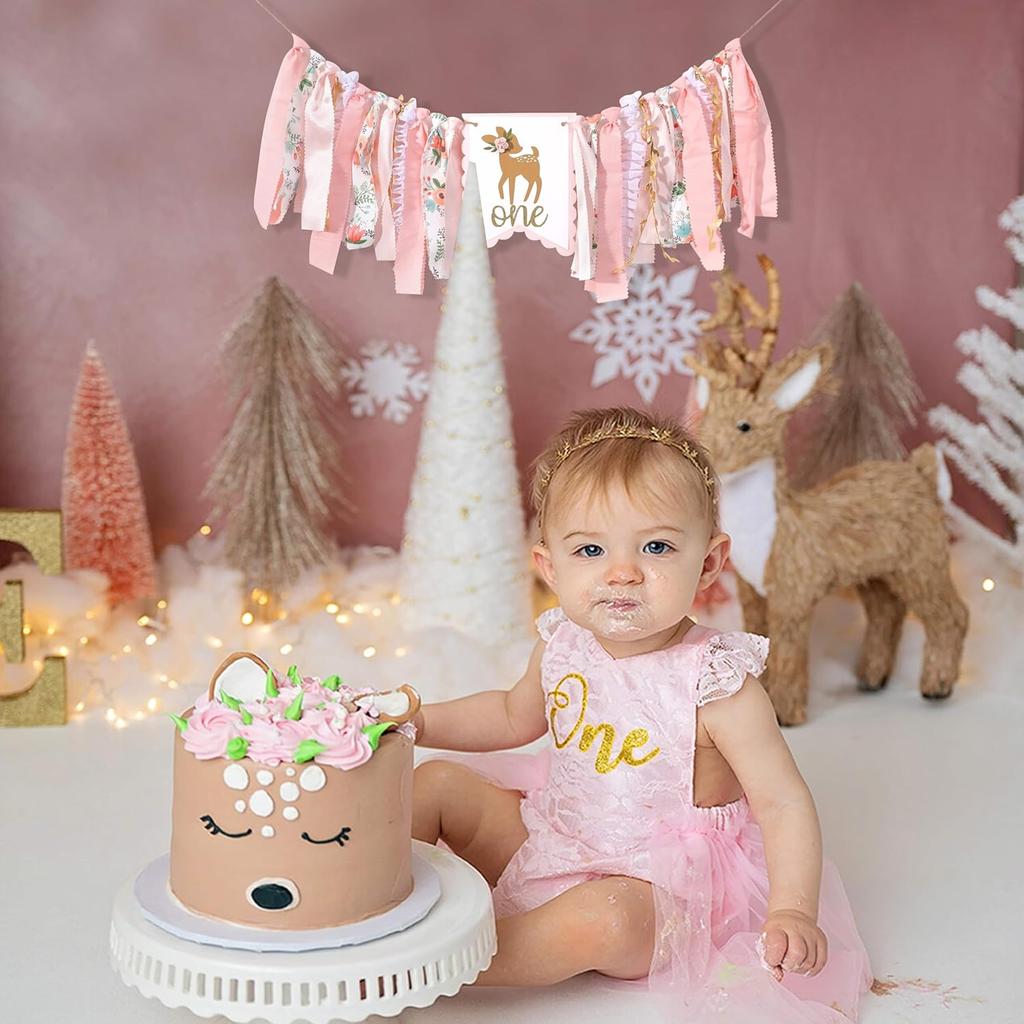 Deer Floral Girl High Chair Banner - Little Miss One-Deerful Highchair Banner, Woodland 1st Birthday Decoration for Girls, Deer Girl Floral 1st