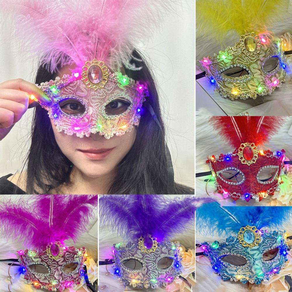 1Pcs Venetian Venice Glowing Feather Led Masks Woman Fancy Dance Party Eye Mask Carnival Halloween Masquerade Cosplay Costume