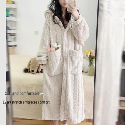 Korean Style Women's Thick Coral Fleece Pajamas & Bathrobe - Warm, Loose Fit for Autumn/Winter Homewear