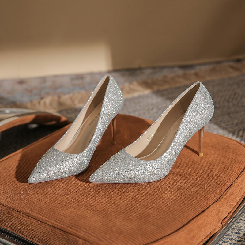 Rhinestone high heels women's new versatile bright diamond women's shoes hot diamond pointed thin heel single shoes