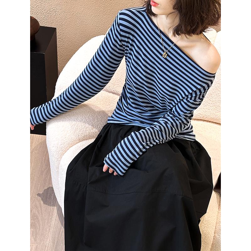 

Juzhi Spring Retro Striped Off-Shoulder Slim Fit Long Sleeve T-shirt One Size