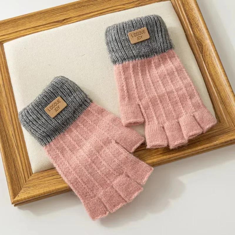 Winter Fingerless Gloves for Men Half Finger Writting Office Knitted Thick Wool Warm Label Thick Elastic Outdoor Driving Gloves