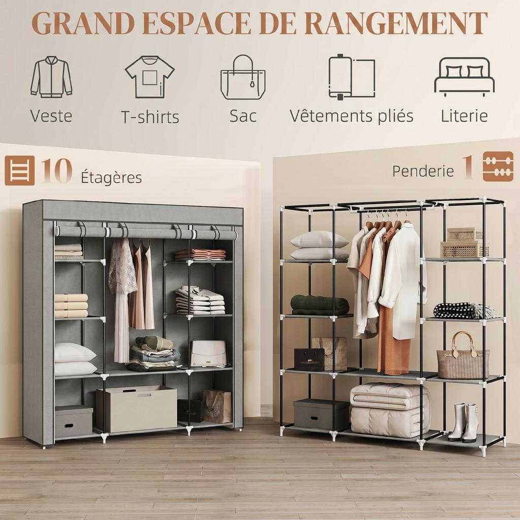 Fabric Wardrobe, Foldable, Hanging Rail, Shelves, 150 x 43 x 162.5 cm, Light Grey