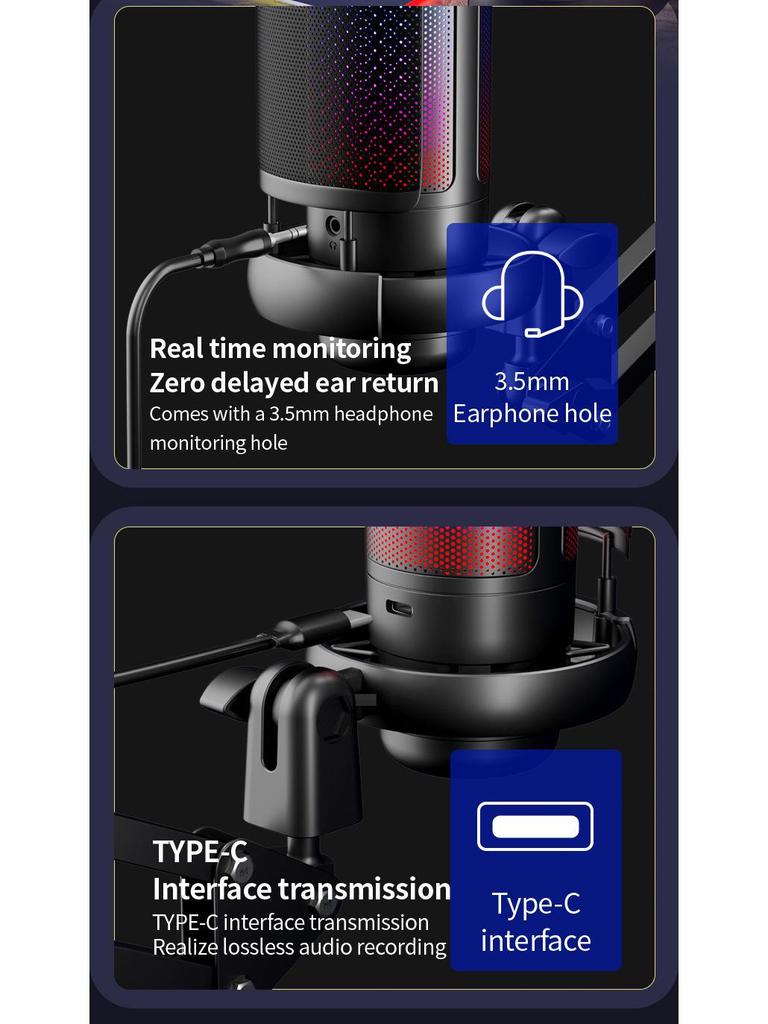 RGB Touch Button USB Condenser Microphone with Cantilever Stand for Gaming and Live Streaming