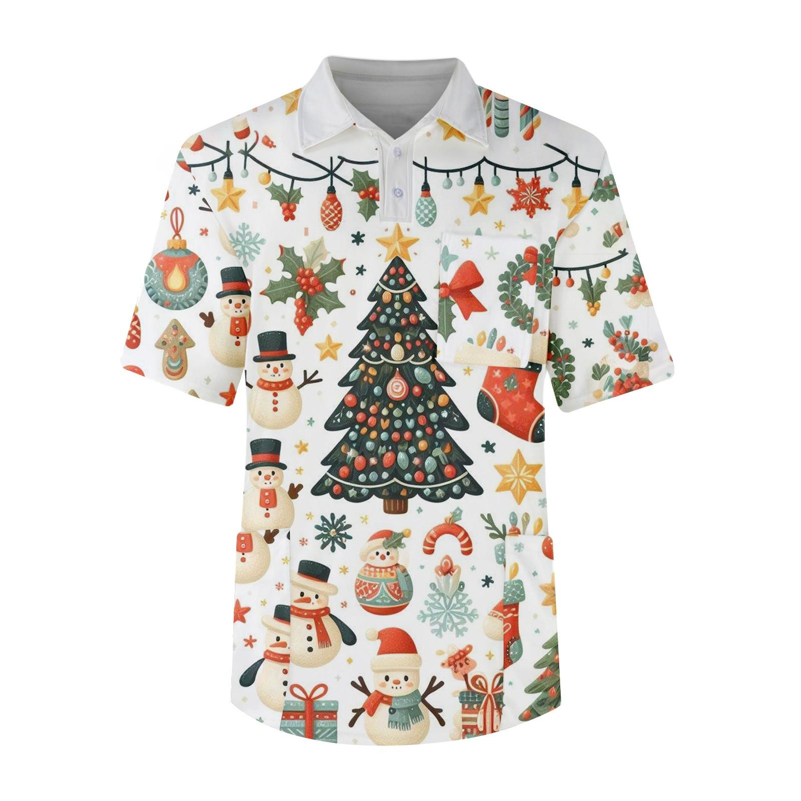 

Мужской топ с коротким рукавом, пуговицами, лацканами, рождественскими принтами, нагрудным карманом, Dry-nurse XL