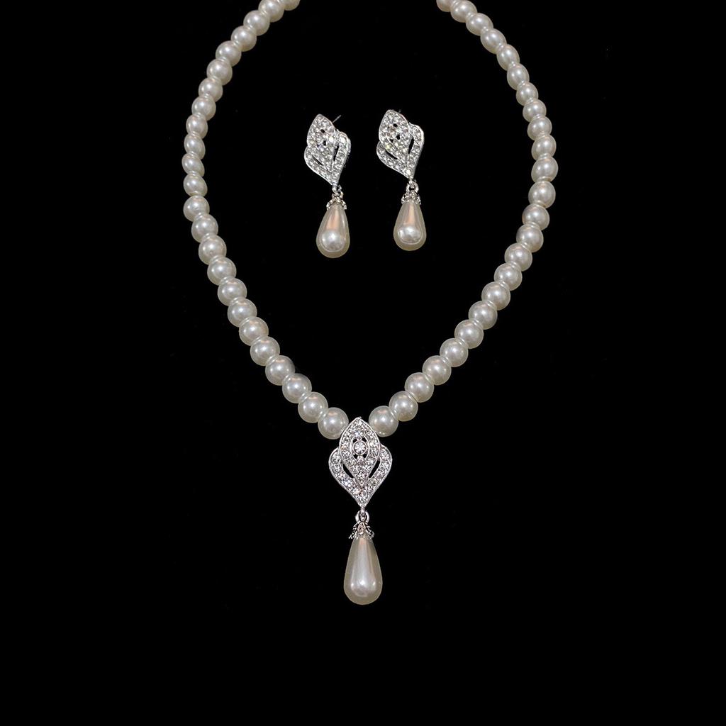Fashion New Niche Pearl Necklace Earrings Simple Jewelry Set Diamond Hollow Pendant Pearl Bride