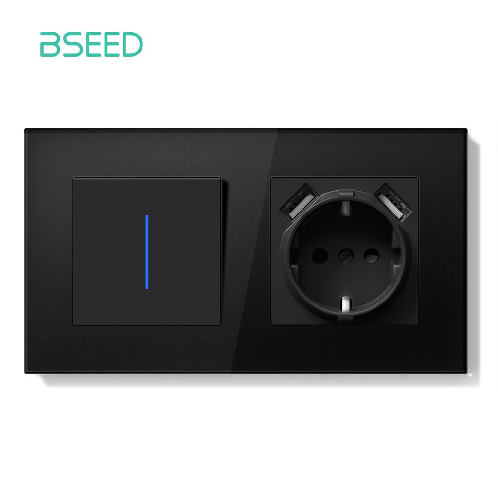 BSEED 1/2Gang Wall Light Switch Mechanical Double Button Switch 1Way With LED EU Sockets USB 20W Type-c Power Ports Glass Panels