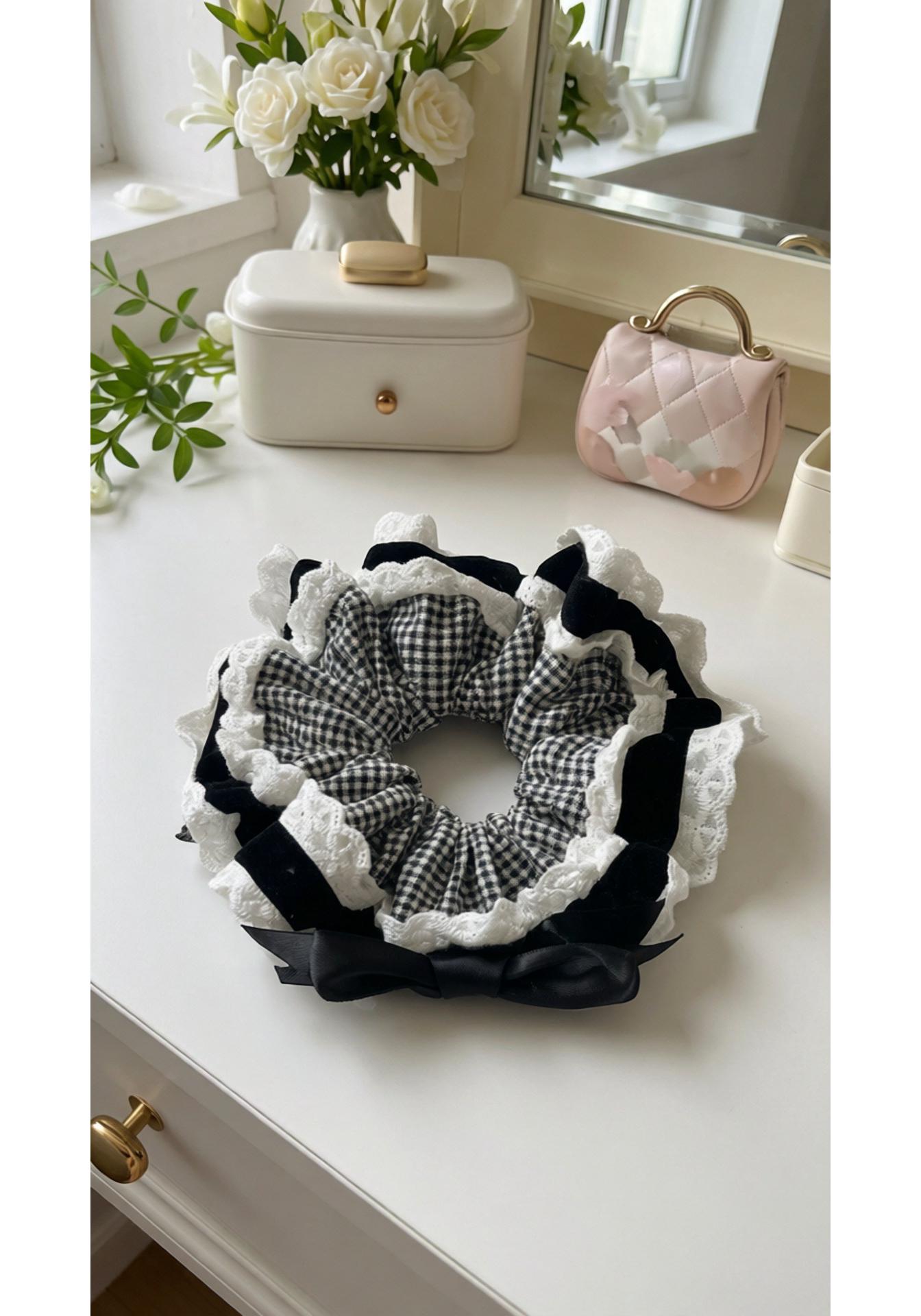 Korean Plaid Hair Tie with Lace Bow Trim - High-End Hair Accessory