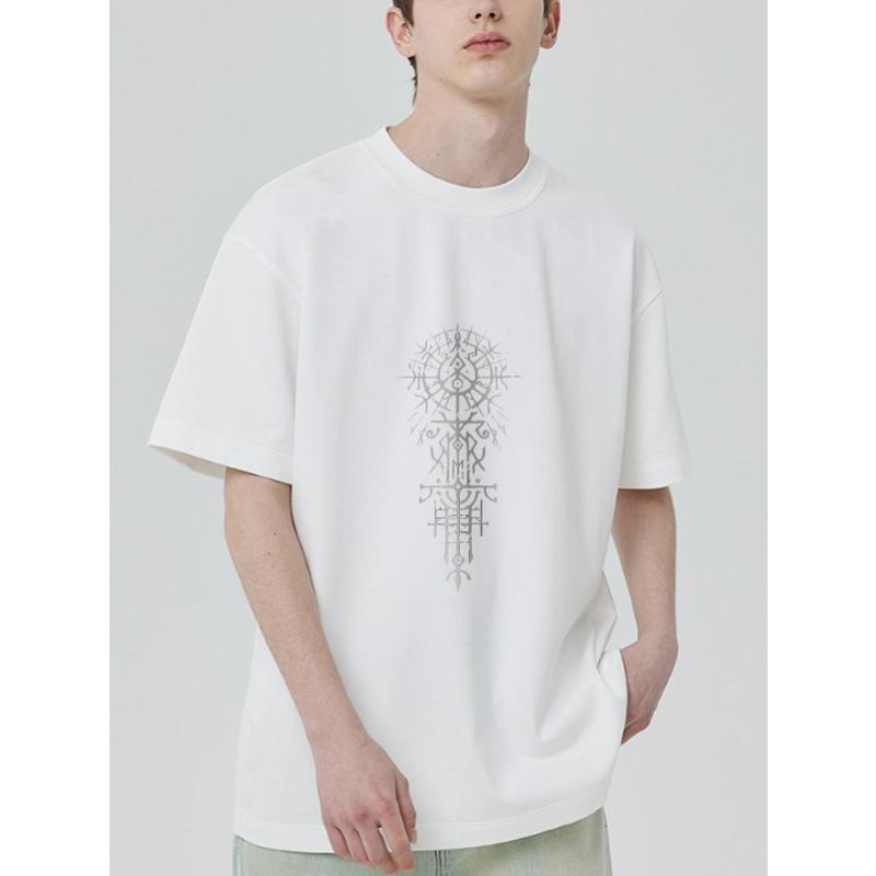 White Oversized T-Shirt with Nordic Symbol Print for Casual Wear