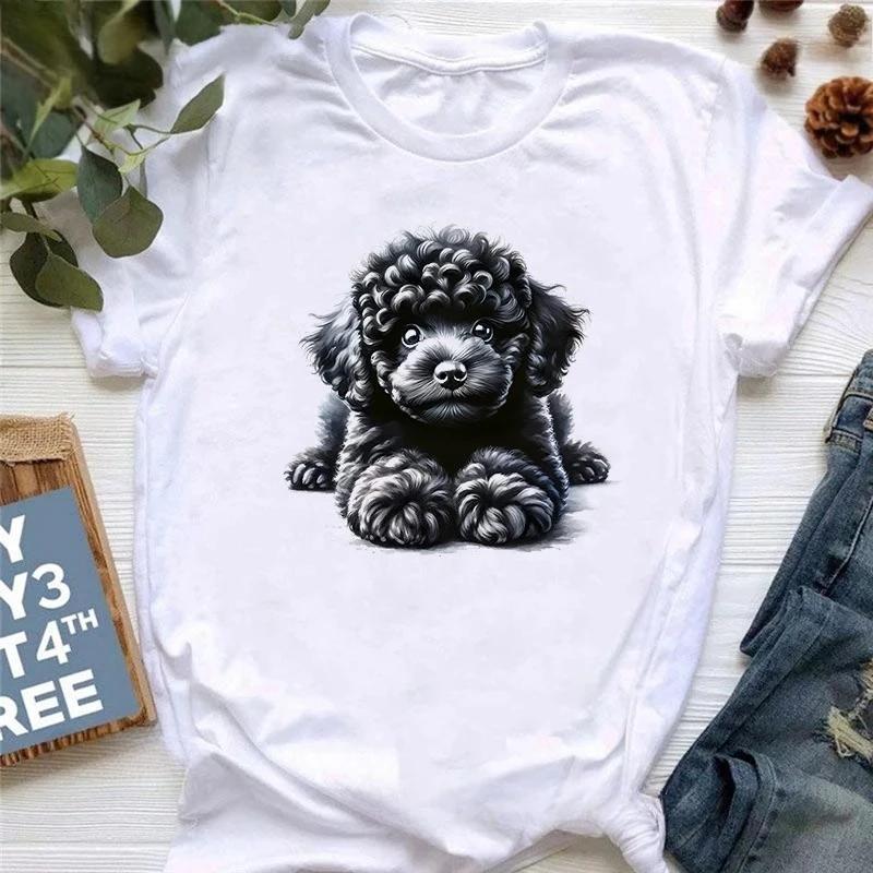 Cute Dog Shirt Poodle Print Girls Tshirt Harajuku Style Summer Fashion Womens Harajuku Sleeve Casual Aesthetic Clothing White