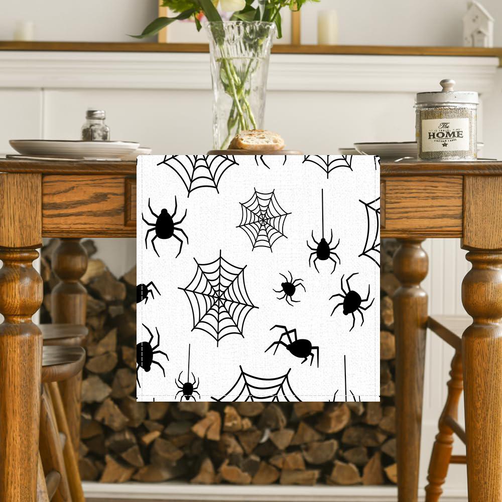 1pc White Black Halloween Table Runner with Spider Web Pattern Dustproof Durable Tablecloth for Halloween Theme Party Decoration