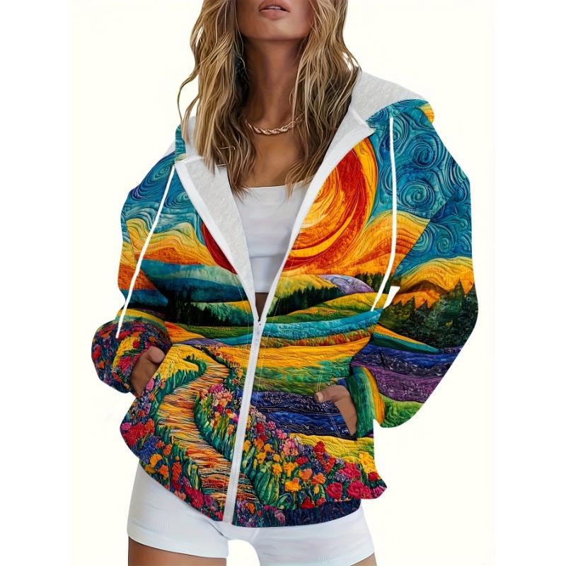 Ladies Loose Floral Pattern, Long Sleeved Loose Street Style Hoodie, Young and Fashionable Casual Chic Jacket S