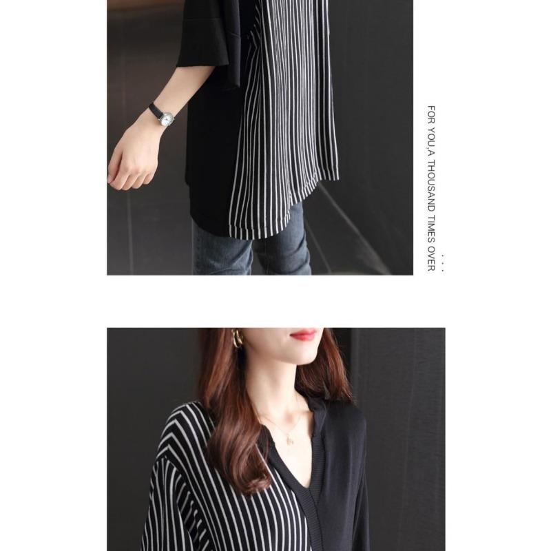Plus Size Summer New Women's Clothing Lazy Style V-neck Loose Bottoming Thin Section Niche Five-quarter Sleeve Top Striped Splicing