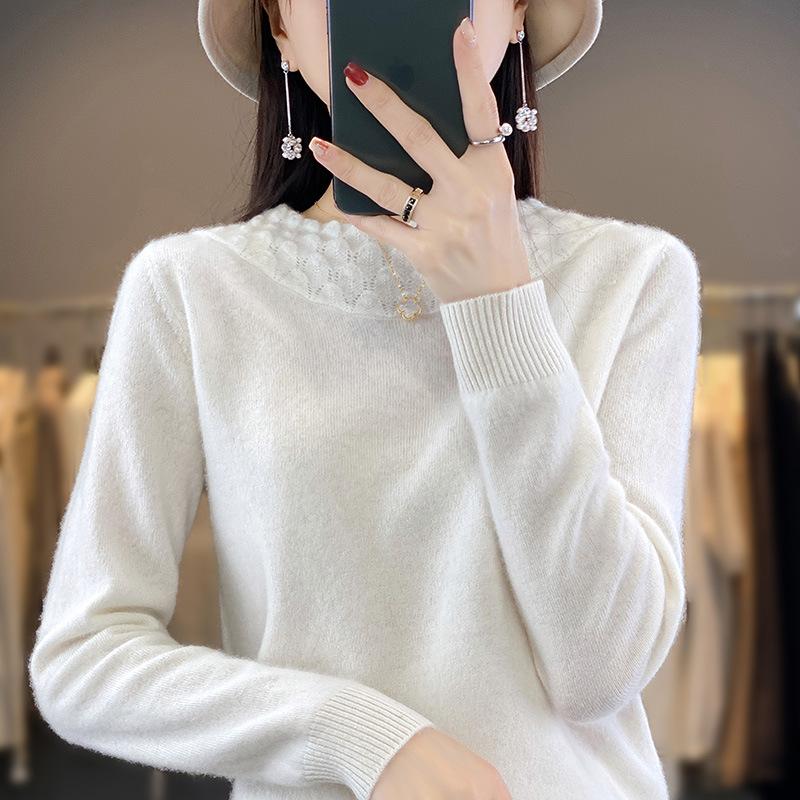 

Осень и зима новый барабанный волнистый круглый вырез женский вязаный свитер модный универсальный свитер для ношения под низ, для ношения снаружи, с длинными рукавами XXL белый