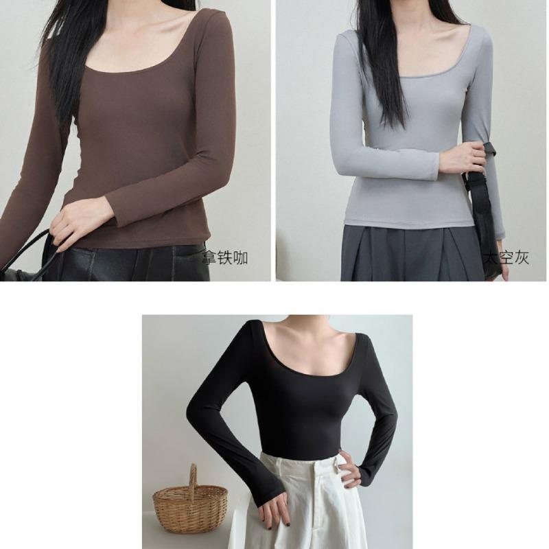 Damen Rundhals Unterziehshirt, Kaschmir-Protein-Gewebe, bequem und atmungsaktiv, figurbetont und dünn, langärmlig, hautfreundlich und warm, einfaches Oberteil