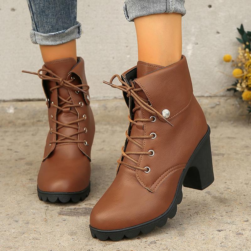 Winter Chunky Women Ankle Boots Lace Up High Heels Designer Retro Shoes New Brand 2025 Trend Fad Leather Pumps Goth Botas Mujer