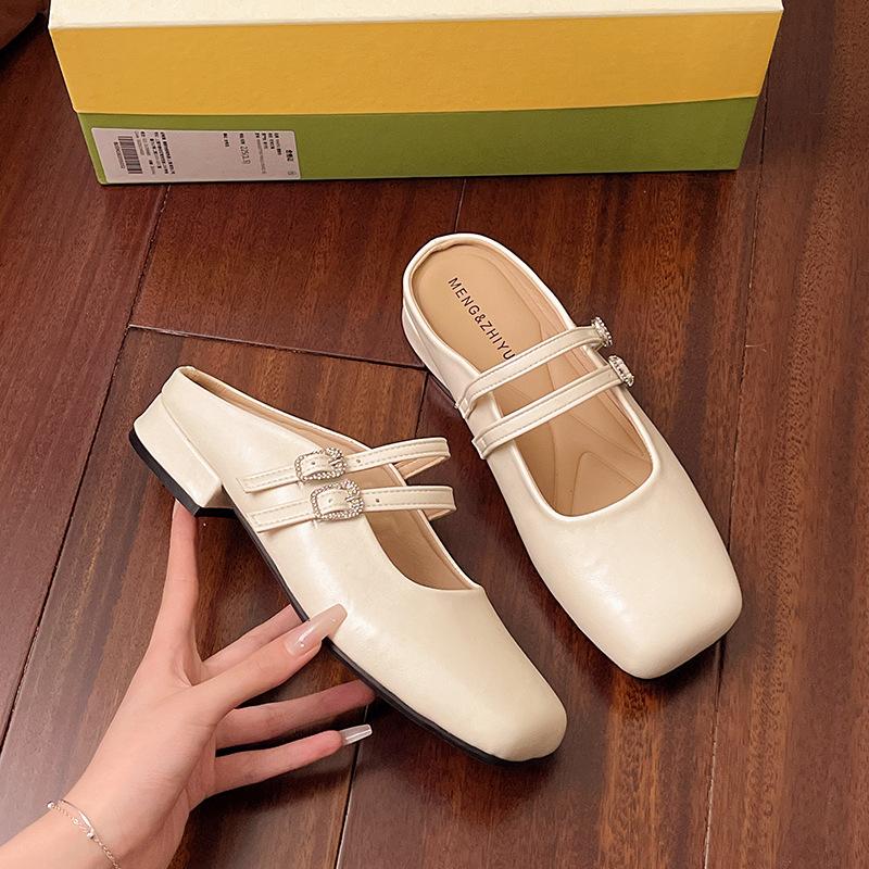 

Korean version of Mary Jane single shoes women s shoes 2025 new spring and summer temperament low-heeled bag head half slippers French sandals 35 бежевый