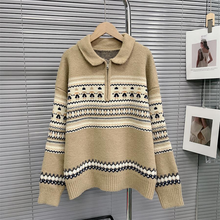 

Різдвяний светр Жіночий осінньо-зимовий в язаний светр з довгим рукавом і застібкою-поло на блискавці, вінтажний вільний пуловер One Size хакі