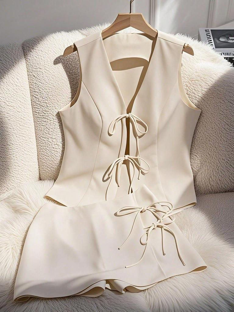 Completo Due Pezzi Estivo Casual da Donna con Top Peplo Senza Maniche Scollo a V Schiena Scoperta Fiocco e Pantaloncini Vita Alta Colore Unico