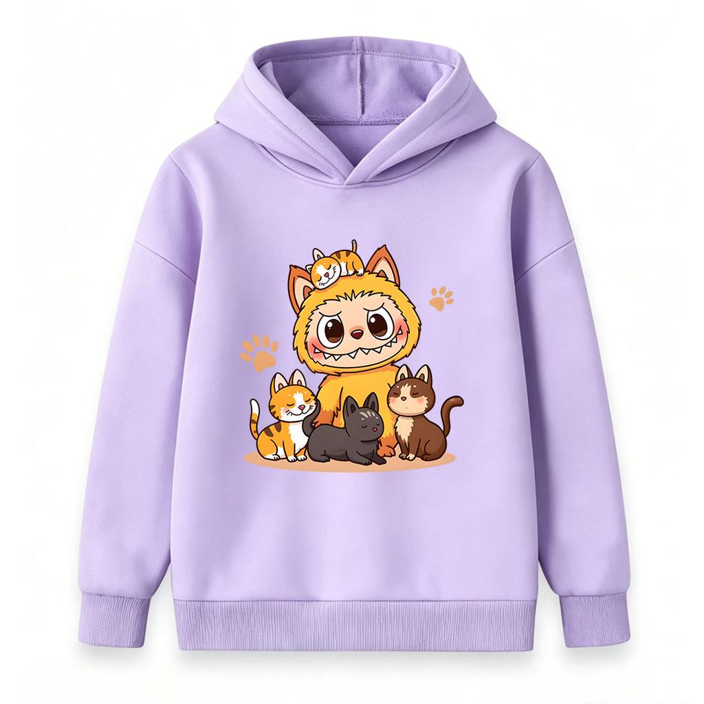 Cute Cartoon Orange Monster With Kitten Print Kids T-Shirt 100% Cotton Crew Neck Short Sleeve Tees for Boys Girls Casual Soft Breathable Summer Tops