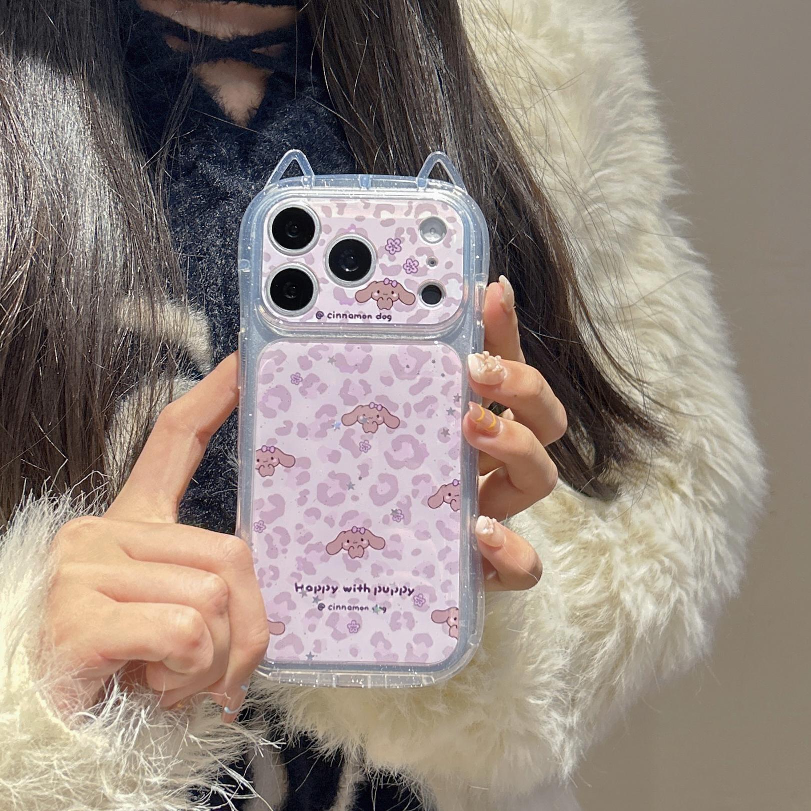 

Cute IMD Cat Ear Gel Leopard Pattern Jade Guigou Phone Case For iphone 17 16 15 14 13 Pro Max Shockproof Bumper Protection Cover iPhone 15 розовый