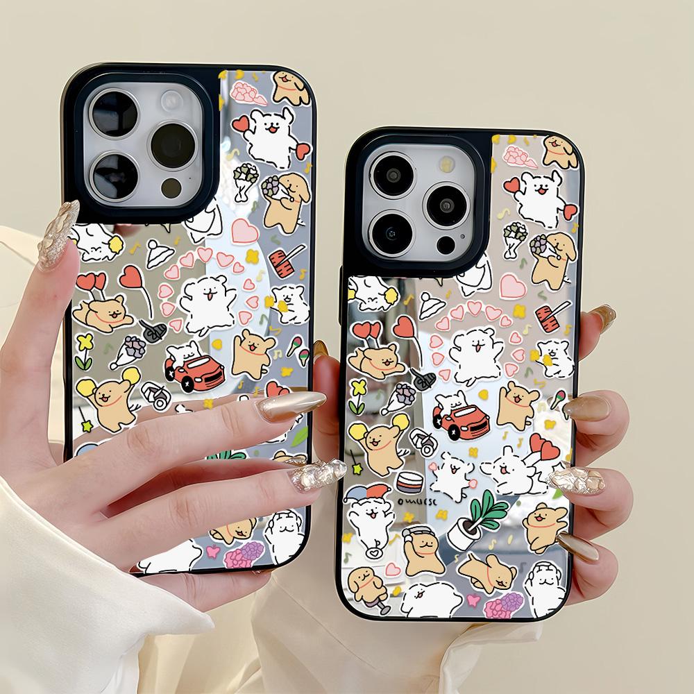 Mirror Phone Case for iPhone 15 11 13 14 for 15 16 Pro Max 12 13 16 Pro Cloud Flower and Animal Cute Style Phone Case