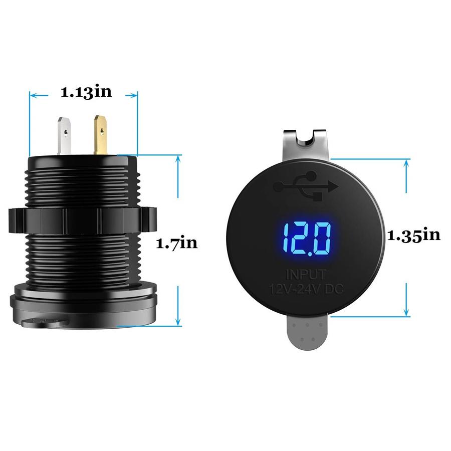 12V 24V USB Type-C Cell Phone Charger with Digital Voltage Gauge Car Boot ATV 1x