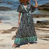 Damen V-Ausschnitt Schnürung Bedrucktes Bohemian Kleid Blumen Kurzarm Langes Kleid