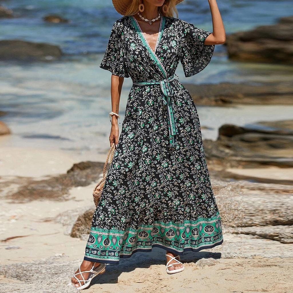 Damen V-Ausschnitt Schnürung Bedrucktes Bohemian Kleid Blumen Kurzarm Langes Kleid