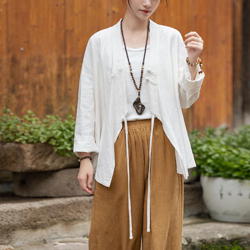 Ramie Sand-Washed Zen Style Hanfu Top – Women's Spring Edition, Cross-Collar, New Chinese Tea Art Design