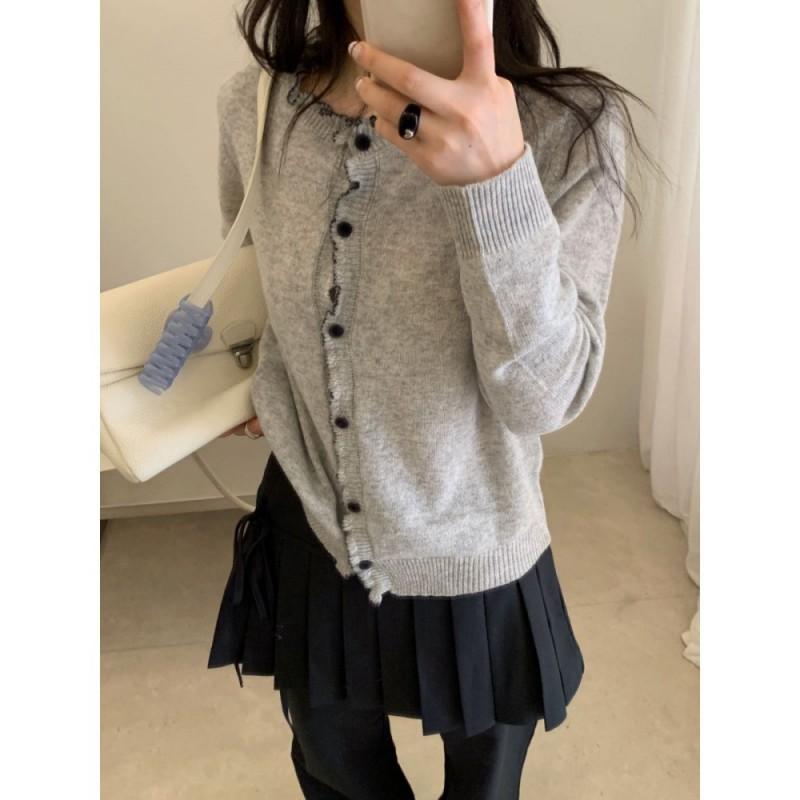 Womens 100% Wool Ruffle Knit Cardigan Petite Early Fall Soft Sweater Puyuan Top