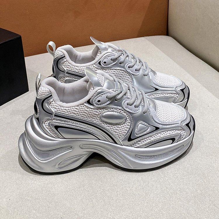 Thick-soled Pops Shoes Women's Summer Women's Mesh Breathable Women's Shoes Silver Heightening Casual Sports Shoes