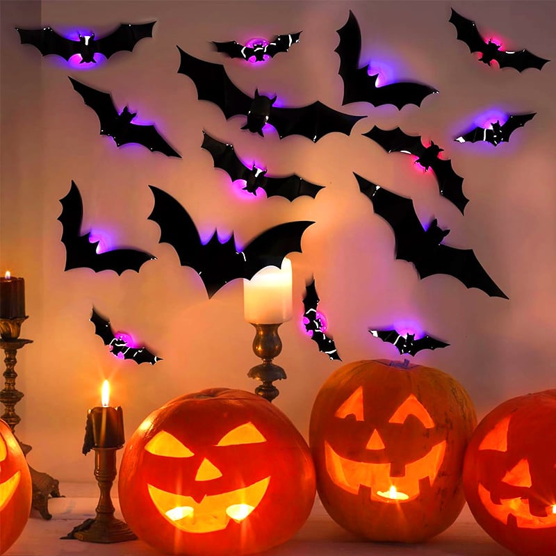 12pcs/set 3D Bat Design LED Decoration,  Bat Shaped Wall Sticker, Decorative Light for Home Party Festival, Halloween Decoration